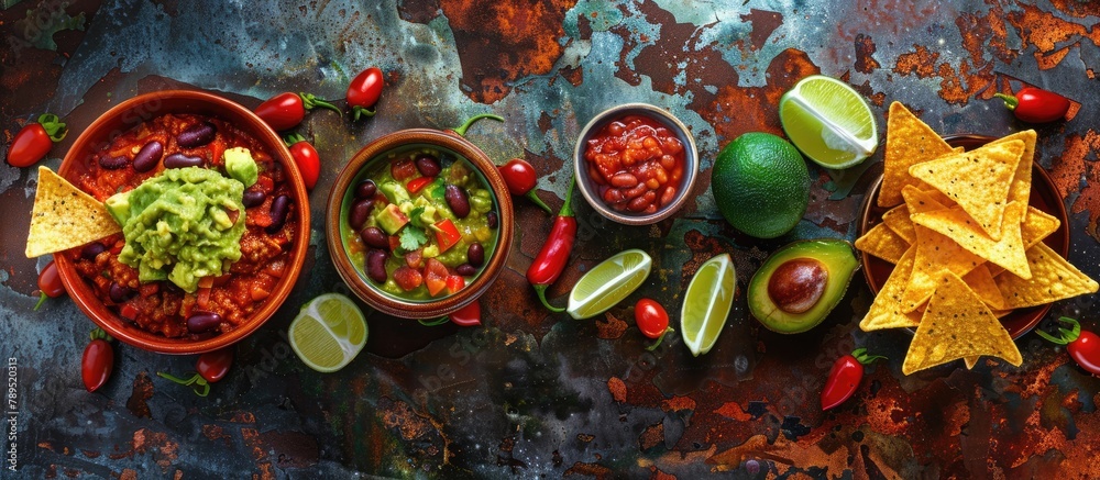 Mexican cuisine idea: Tortilla chips, guacamole, salsa, chili with beans, and fresh elements on a weathered metal surface. Overhead perspective.