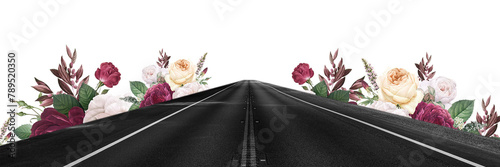Εκτύπωση καμβά PNG road with flowers mixed media design element