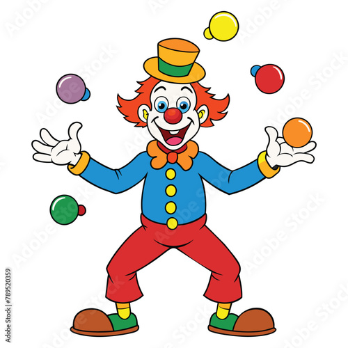 Whimsical Clown Juggling Vibrant Balls. Circus Clown Juggling Rainbow Balls. Playful Jester Juggling Fun