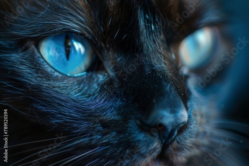 A stunning black cat with mesmerizing blue eyes captivates viewers with its mystical allure.