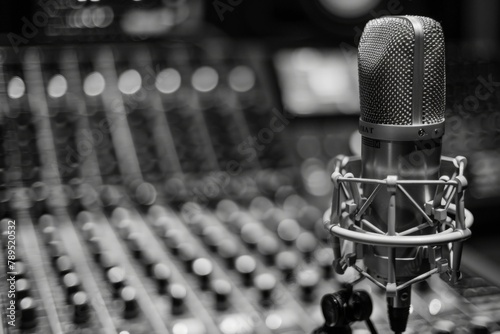 A microphone poised in front of a sound board, ready to capture and enhance the intricate harmonies and tones of the audio being produced.