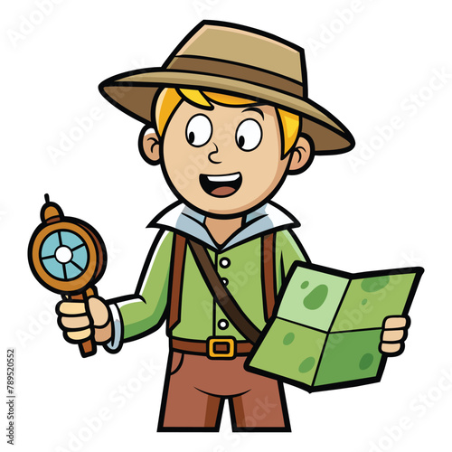 Cartoon Explorer Character with Map and Compass