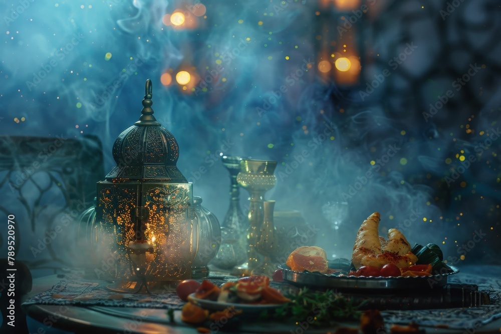 Obraz premium A Ramadan spread with lanterns, samosas, and dates under a starlit night sky.