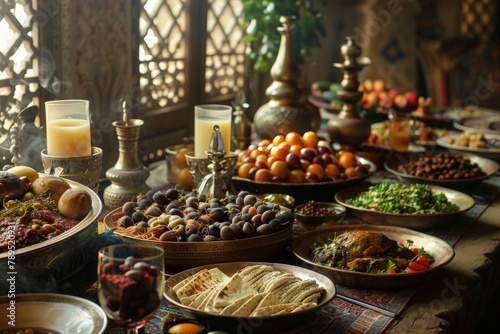 An abundant spread of Middle Eastern dishes and dates awaits the end of a daily Ramadan fast.