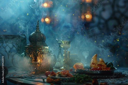 A Ramadan spread with lanterns, samosas, and dates under a starlit night sky.