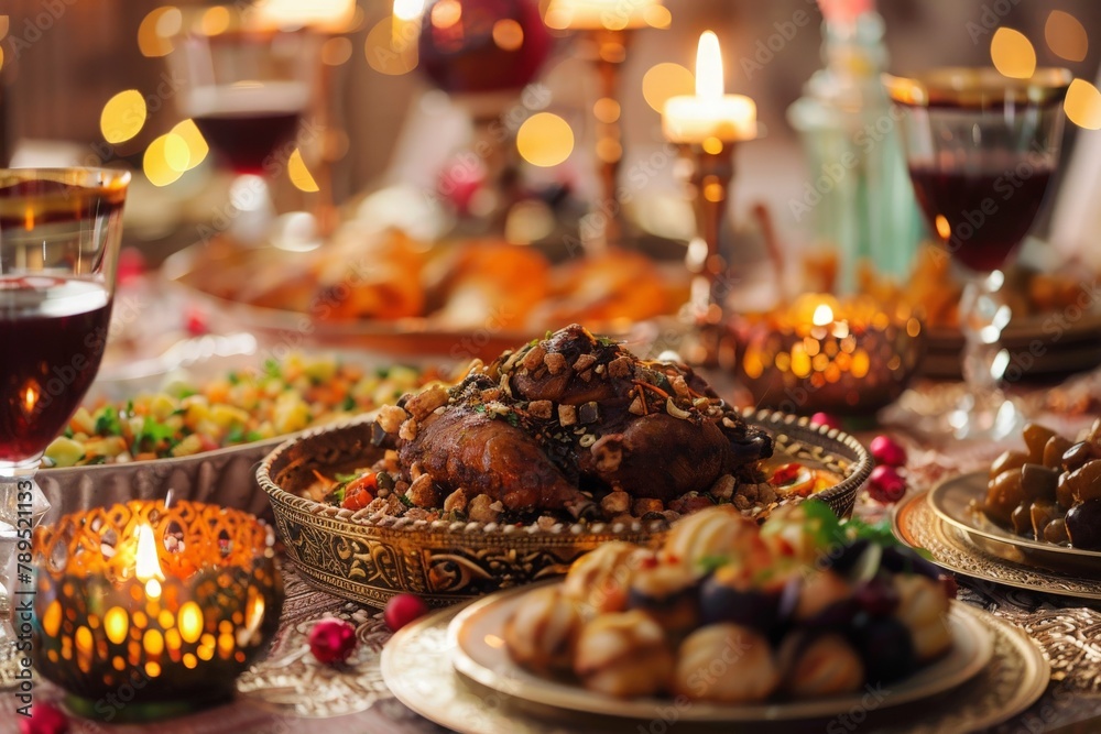 An opulent table is set with an array of delicious foods and drinks, bathed in the glow of candlelight, marking the end of a days fast.