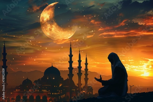 A solitary figure prays near minarets as the crescent moon heralds Ramadan at dusk. photo