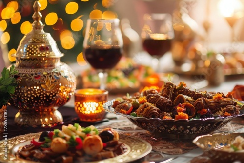 A sumptuous spread of Ramadan delicacies illuminated by candles, capturing the essence of festive evenings.