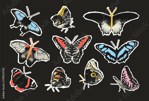 Halftone art collage butterflies with doodles vector illustration isolated on dark background. Cut out of magazine shapes for mixed media design