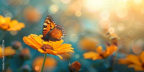 A butterfly on a yellow flower color sheme is pink and green warm sunset light in summer meadow photo