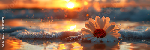 White Daisy Flower Sea Setting Sun Italy Wild, Wild rose bush on beach bee fly dew drops sunlight beam flares 