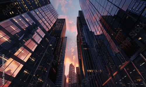 Capture the grandeur of towering skyscrapers at dusk in a photorealistic digital rendering, showcasing intricate architectural details under a twilight sky