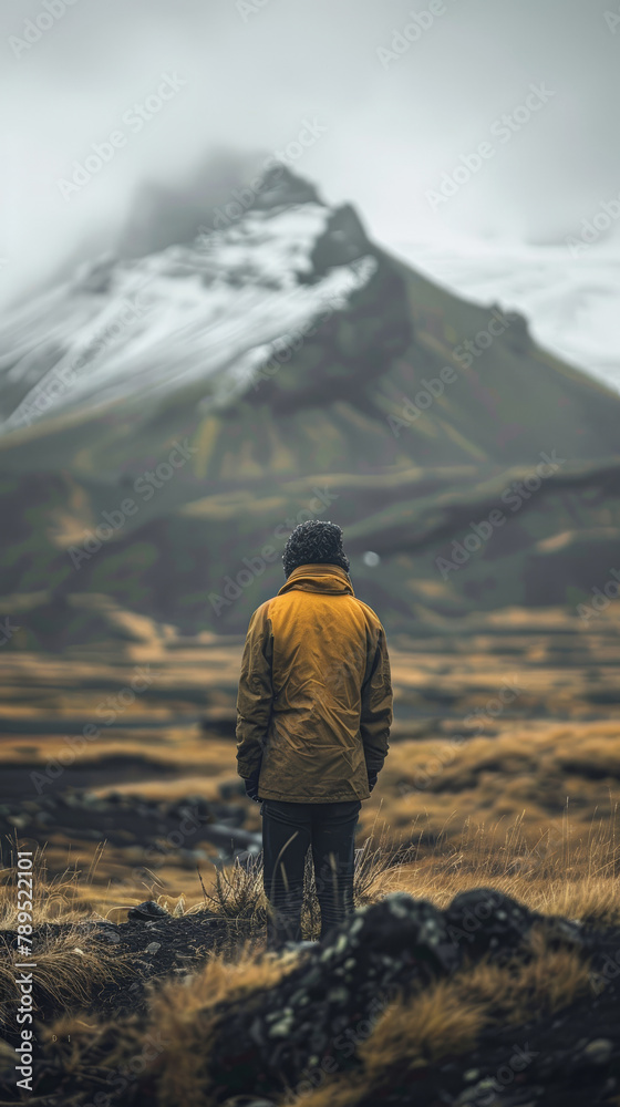A man stands in a field of tall grass, looking out over a mountain range. The scene is serene and peaceful, with the man's gaze directed towards the distant peaks. The combination of the man's posture A man stands in a field of tall grass, looking out over a mountain range. The scene is serene and peaceful, with the man's gaze directed towards the distant peaks. The combination of the man's posture
