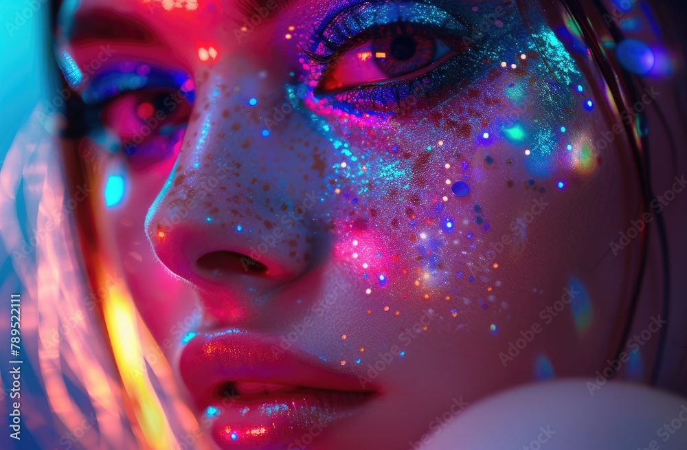 Vibrant Neon Makeup on Woman's Face in Ultraviolet Light