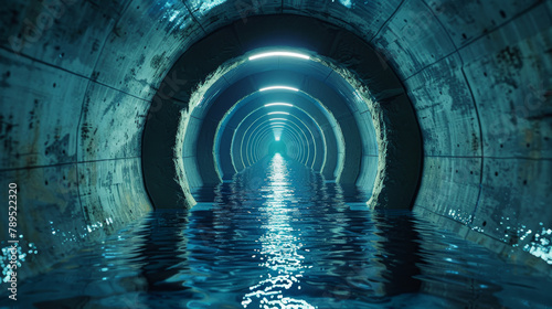 A tunnel with water running through it. The tunnel is long and narrow photo