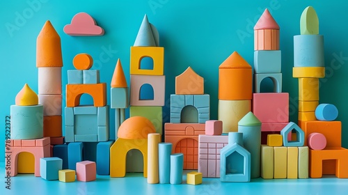 Capture the essence of childhood joy with a colorful clay sculpture of tilted angle view Building blocks Vibrant, playful, and whimsical photo