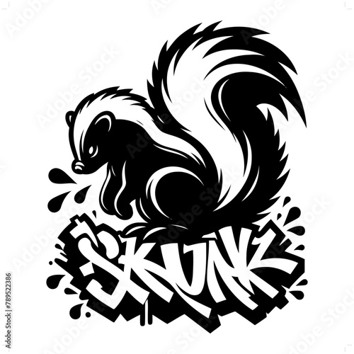 Skunk silhouette, animal graffiti tag, hip hop, street art typography illustration.