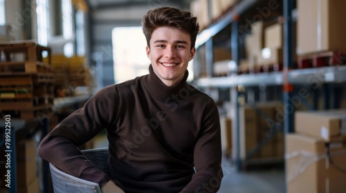A Smiling Young Man in Warehouse