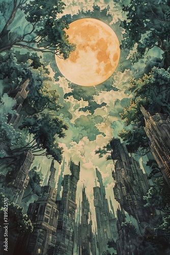 Immerse viewers in a Surrealist dreamscape through an aerial view of an enchanted forest merging with a futuristic cityscape Utilize a combination of watercolor and pen and ink medium to create a whim photo