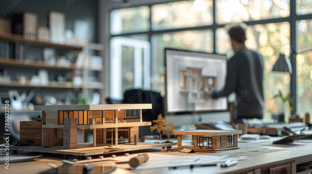 A man is working on a computer at a desk with a model of a house in front of him A man is working on a computer at a desk with a model of a house in front of him