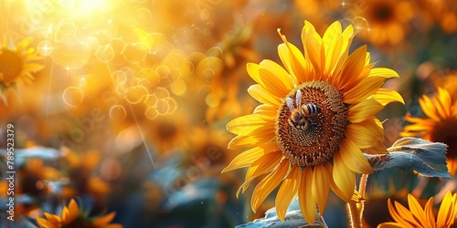 Beautiful sunflower in warm sunset light in summer meadow. The bee is pollinating the sunflower. © LoL