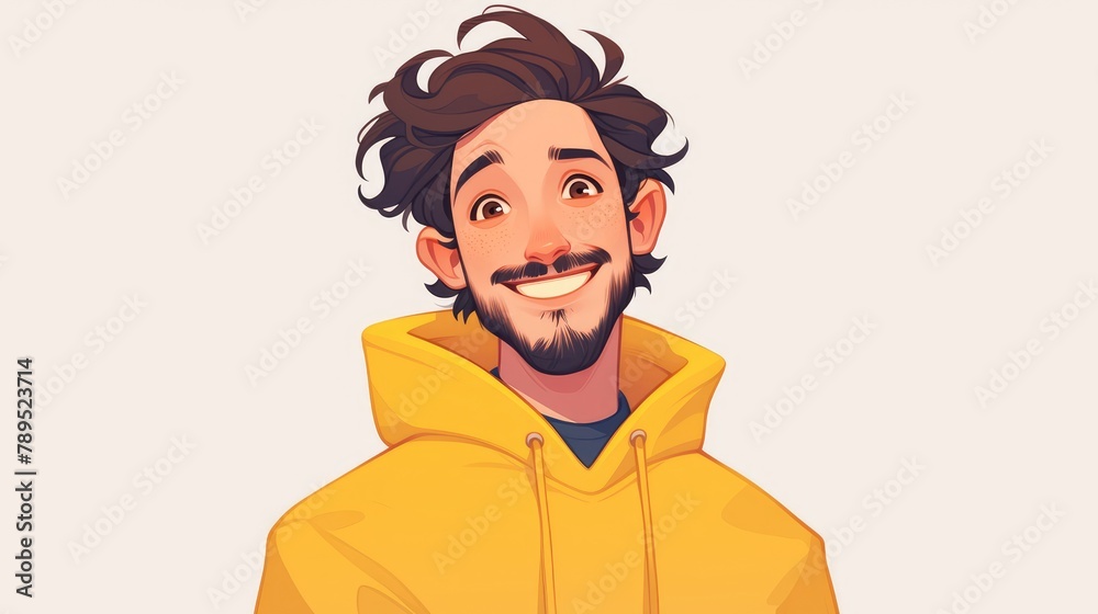 A cheerful young man with a smiling avatar is depicted sporting a brown beard mustache and hair dressed in a vibrant yellow sweater or sweatshirt in a cartoon 2d illustration of a character A cheerful young man with a smiling avatar is depicted sporting a brown beard mustache and hair dressed in a vibrant yellow sweater or sweatshirt in a cartoon 2d illustration of a character