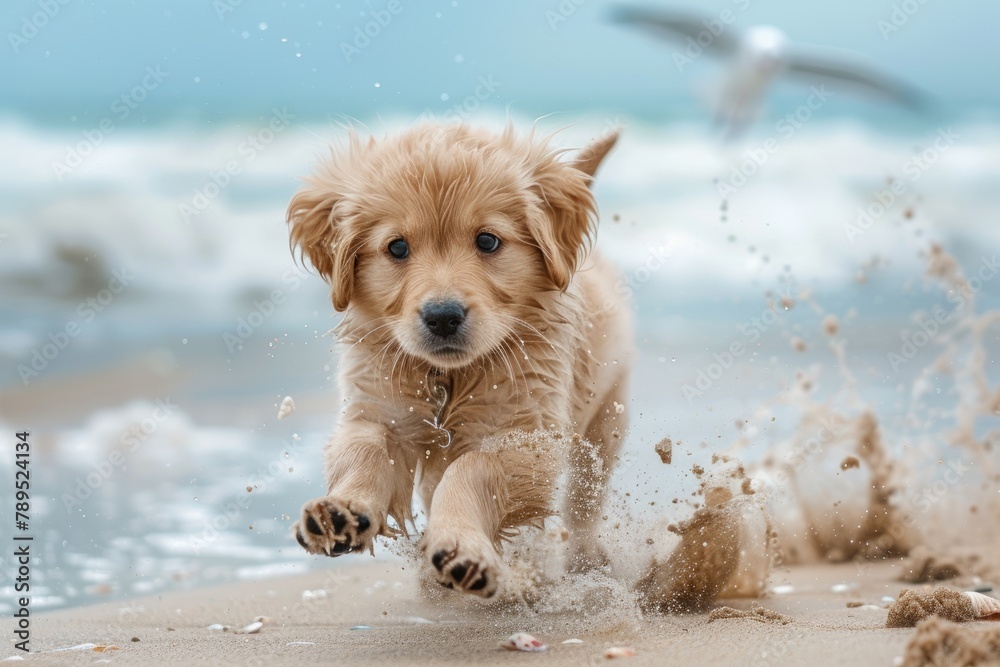 Energetic Puppy Frolic on a Sunlit Seaside