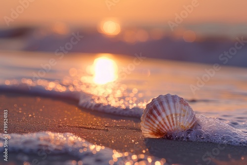 Seashell on Shore at Sunset with Gentle Waves