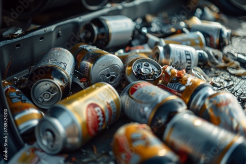 Abandoned Beer Cans Littering Car Interior