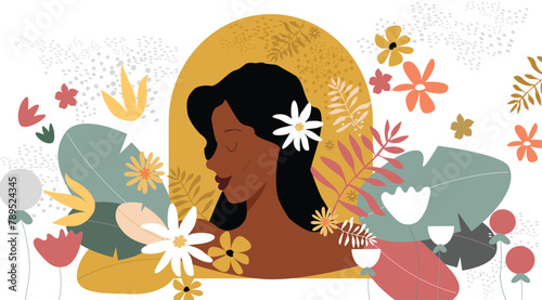 Modern minimalist glamour female portrait with nature jungle pattern. Black woman portrait vector illustration.