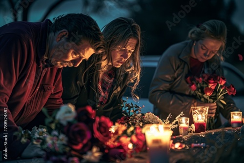 Somber Roadside Remembrance with Candles and Roses