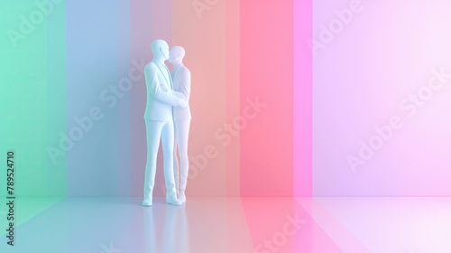 Two men are kissing in a room with a pink wall. The room is colorful and the mood is romantic