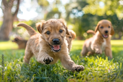 Playtime for Puppies in a Green Grassy Field