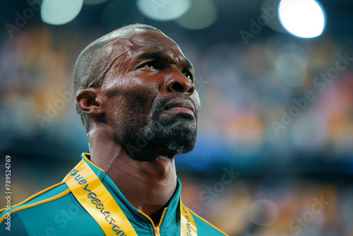 an Afro-American male athlete crying while receiving gold medal on summer Olympic games photo