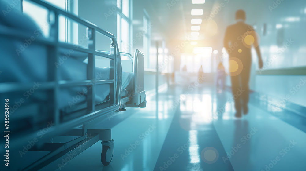 Empty Hospital Corridor with Hospital Bed: Healthcare Facility Interior