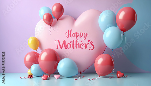 Happy mothers day decoration background with balloon and mom text, copy space photo