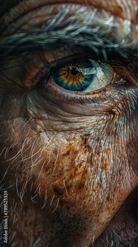 Close-up of a weathered face, eyes filled with hope and resilience, a personal story of hardship and strength.