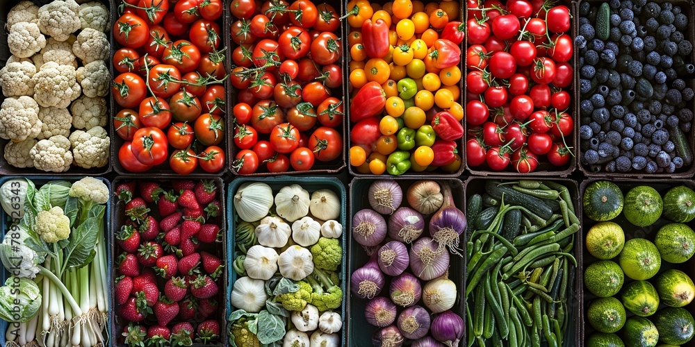 A vibrant assortment of fruits and vegetables in a box healthy food concept