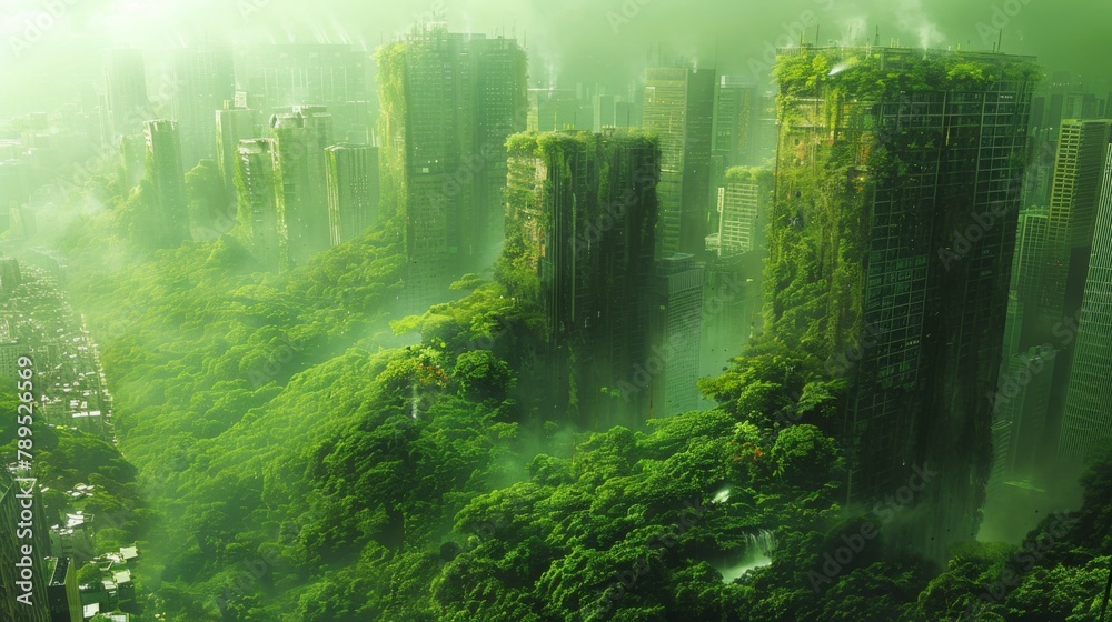 Obraz premium Urban Jungle, In a futuristic city overrun by concrete and pollution, gardens and rooftop oases. Generated AI