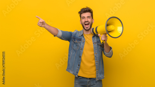 A young blond man is holding a megaphone to his mouth and shouting.