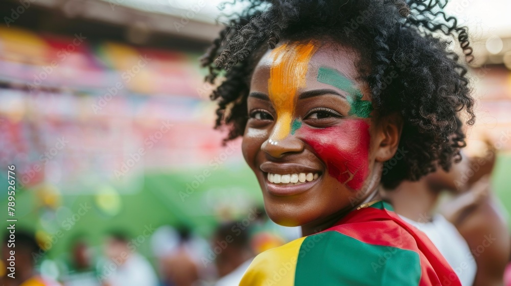 beautiful woman with face painted with the flag of Cameroon in a stadium