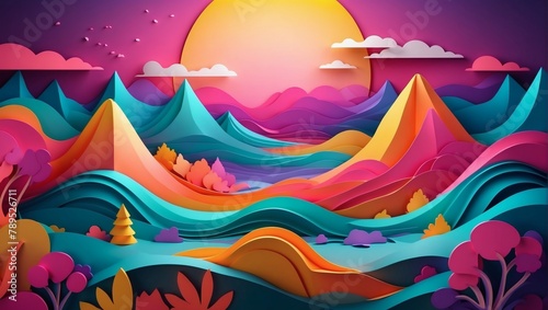 Vector D abstract background with paper cut shapes. Neon carving art. Paper craft landscape with gradient shades. Minimalistic design layout.
