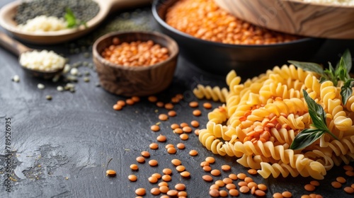 Assorted pasta and lentils with fresh basil on a dark background.