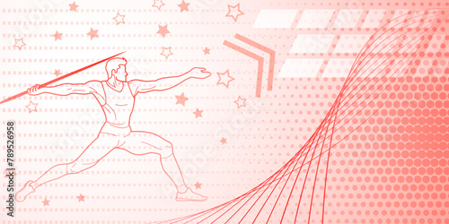Javelin thrower themed background in pink tones with abstract lines and dots, with sport symbols such as a male athlete