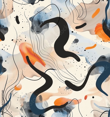 Abstract seamless pattern of flowing swirls, splashes and brush strokes. Illustration for textile and wallpaper designs. Dynamic design for stylish branding and packaging photo