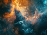 Fiery clouds and studded stars space with swirling cosmic dust. Surreal universe scenery in vibrant colors, abstract background for science and fantasy themes, presentations or art prints