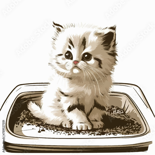 Pensive sad kitten sitting in the litter box, illustration for print or stickers