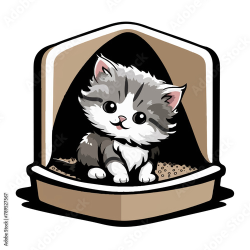 Happy kitten sitting in the litter box, illustration for print or stickers