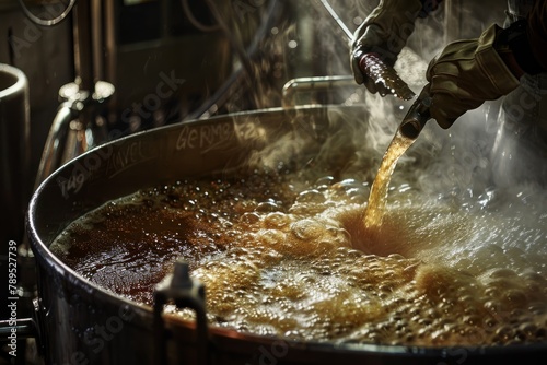 High-Angle View of Boiling Wort in Brewery photo