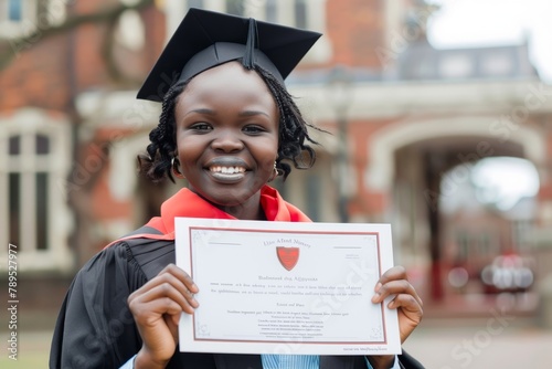 Academic Triumph: Female Graduate Holding Degree with Glee photo